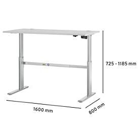 Schreibtisch Standard, elektrisch höhenverstellbar, Rechteck, C-Fuß, B 1600 x T 800 x H 725-1185 mm, lichtgrau/weißaluminium RAL 9006