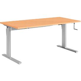 Schreibtisch Standard, manuell höhenverstellbar, Rechteck, C-Fuß, B 1600 x T 800 x H 728-1188 mm, Buche/weißaluminium