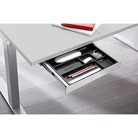 Schreibtisch Start Off, elektrisch höhenverstellbar, Rechteck, T-Fuß, B 1600 x T 800 x H 755-1255 mm, lichtgrau/weißaluminium + Zubehörschublade