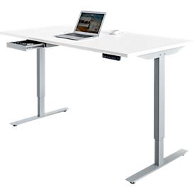 Schreibtisch Start Off, elektrisch höhenverstellbar, Rechteck, T-Fuß, B 1600 x T 800 x H 755-1255 mm, lichtgrau/weißaluminium + Zubehörschublade