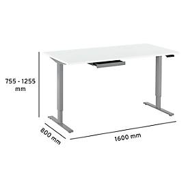 Schreibtisch Start Off, elektrisch höhenverstellbar, Rechteck, T-Fuß, B 1600 x T 800 x H 755-1255 mm, weiß/weißaluminium + Zubehörschublade