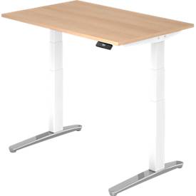 Schreibtisch TOPAS LINE, elektrisch höhenverstellbar, C-Fuß, B 1200 x T 800 x H 650-1300 mm, Eiche/weißaluminium + Memoryschalter, Kabelkanal