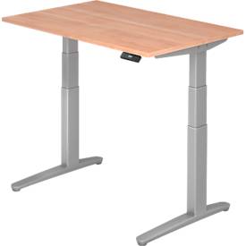 Schreibtisch TOPAS LINE, elektrisch höhenverstellbar, C-Fuß, B 1200 x T 800 x H 650-1300 mm, Nussbaum/weißaluminium + Memoryschalter, Kabelkanal