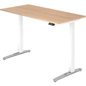 Schreibtisch TOPAS LINE, elektrisch höhenverstellbar, C-Fuß, B 1600 x T 800 x H 650-1300 mm, Eiche/weiß + Memoryschalter, Kabelkanal