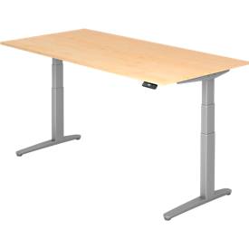 Schreibtisch TOPAS LINE, elektrisch höhenverstellbar, C-Fuß, B 2000 x T 1000 x H 650-1300 mm, Ahorn/weißaluminium + Memoryschalter, Kabelkanal