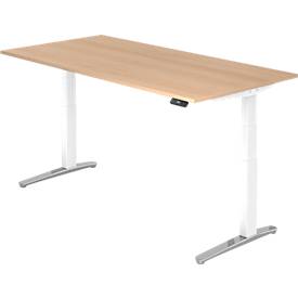Schreibtisch TOPAS LINE, elektrisch höhenverstellbar, C-Fuß, B 2000 x T 1000 x H 650-1300 mm, Eiche/weißaluminium + Memoryschalter, Kabelkanal