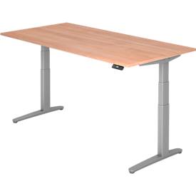 Schreibtisch TOPAS LINE, elektrisch höhenverstellbar, C-Fuß, B 2000 x T 1000 x H 650-1300 mm, Nussbaum/weißaluminium + Memoryschalter, Kabelkanal