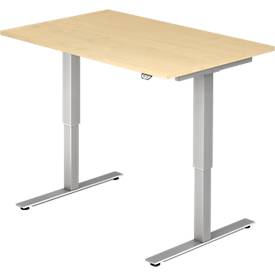 Schreibtisch ULM, elektrisch höhenverstellbar, Rechteck, T-Fuß, B 1200 x T 800 x H 720-1190 mm, Ahorn/alusilber + Kabelw