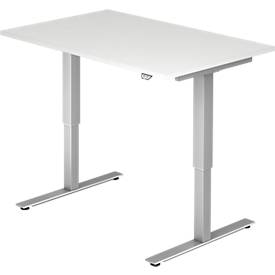 Schreibtisch ULM, elektrisch höhenverstellbar, Rechteck, T-Fuß, B 1200 x T 800 x H 720-1190 mm, lichtgrau/alusilber + Ka