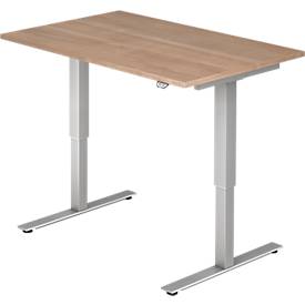 Schreibtisch ULM, elektrisch höhenverstellbar, Rechteck, T-Fuß, B 1200 x T 800 x H 720-1190 mm, Nussbaum/alusilber + Kab