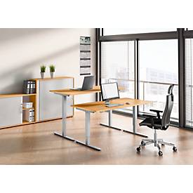Schreibtisch ULM, elektrisch höhenverstellbar, Rechteck, T-Fuß, B 1600 x T 800 x H 720-1190 mm, Buche/alusilber + Kabelwanne