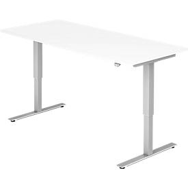 Schreibtisch ULM, elektrisch höhenverstellbar, Rechteck, T-Fuß, B 1800 x T 800 x H 720-1190 mm, lichtgrau/alusilber + Ka