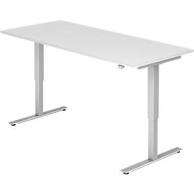 Schreibtisch ULM, elektrisch höhenverstellbar, Rechteck, T-Fuß, B 1800 x T 800 x H 720-1190 mm, weiß/alusilber + Kabelwanne