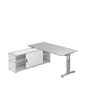 Schreibtisch ULM mit Sideboard, manuell höhenverstellbar, Rechteck, T-Fuß, B 1600 mm, lichtgrau