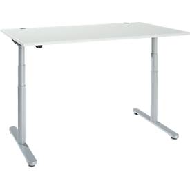 Schreibtisch, zweistufig elektrisch höhenverstellbar, T-Fuß Rundrohr, B 1600 x T 800 x H 634-1294 mm, lichtgrau/weißaluminium