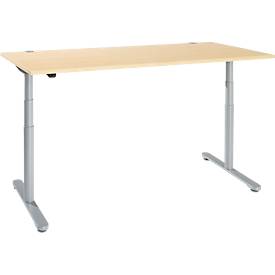 Schreibtisch, zweistufig elektrisch höhenverstellbar, T-Fuß Rundrohr, B 1800 x T 800 x H 634-1294 mm, Ahorn/weißaluminium