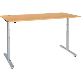 Schreibtisch, zweistufig elektrisch höhenverstellbar, T-Fuß Rundrohr, B 1800 x T 800 x H 634-1294 mm, Buche/weißaluminium