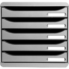 Schubladenbox BIG-BOX PLUS, A4+, 5 halboffene Schübe mit Auszugsstopp, Griffmulde & Etikettenhalter, Etiketten, Blauer Engel, Kunststoff, grau