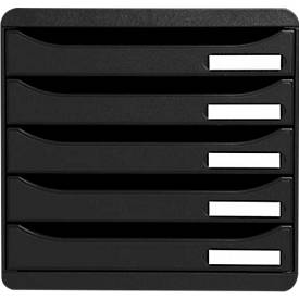 Schubladenbox BIG-BOX PLUS, A4+, 5 halboffene Schübe mit Auszugsstopp, Griffmulde & Etikettenhalter, Etiketten, Blauer Engel, Kunststoff, schwarz