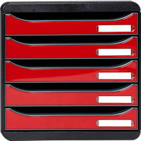 Schubladenbox BIG-BOX PLUS, A4+, 5 halboffene Schübe mit Auszugsstopp, Griffmulde & Etikettenhalter, Etiketten, Blauer Engel, Kunststoff, schwarz-rot