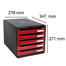 Schubladenbox BIG-BOX PLUS, A4+, 5 halboffene Schübe mit Auszugsstopp, Griffmulde & Etikettenhalter, Etiketten, Blauer Engel, Kunststoff, schwarz-rot