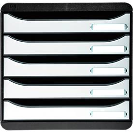 Schubladenbox BIG-BOX PLUS, A4+, 5 halboffene Schübe mit Auszugsstopp, Griffmulde & Etikettenhalter, Etiketten, Blauer Engel, Kunststoff, schwarz-weiß
