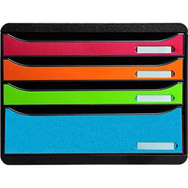 Schubladenbox BIG-BOX PLUS HORIZON QUER, A4+, 4 halboffene Schübe, Auszugsstopp/Griffmulde/Etikettenhalter, Etiketten, Blauer Engel, schwarz-harlekin