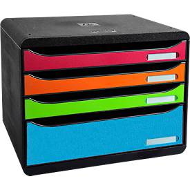 Schubladenbox BIG-BOX PLUS HORIZON QUER, A4+, 4 halboffene Schübe, Auszugsstopp/Griffmulde/Etikettenhalter, Etiketten, B