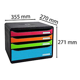 Schubladenbox BIG-BOX PLUS HORIZON QUER, A4+, 4 halboffene Schübe, Auszugsstopp/Griffmulde/Etikettenhalter, Etiketten, Blauer Engel, schwarz-harlekin