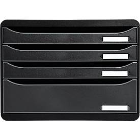 Schubladenbox BIG-BOX PLUS HORIZON QUER, A4+, 4 halboffene Schübe mit Auszugsstopp, Griffmulde & Etikettenhalter, Etiketten, Blauer Engel, schwarz
