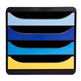 Schubladenbox Exacompta BEE BLUE Big Box, für Format A4+, 4 mehrfarbige & halboffene Schubladen mit Auszugstopp & Griffmulde, PS, schwarz