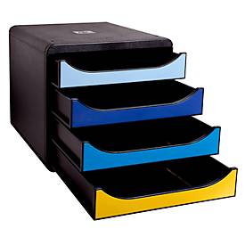 Schubladenbox Exacompta BEE BLUE Big Box, für Format A4+, 4 mehrfarbige & halboffene Schubladen mit Auszugstopp & Griffmulde, PS, schwarz