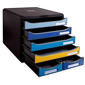 Schubladenbox Exacompta BEE BLUE Big Box Maxi, 4 Schübe für Format A4/A4+ & 2 längliche Schübe, Auszugstopp & Griffmulde, Recycling-Kunststoff, schwarz