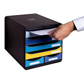 Schubladenbox Exacompta BEE BLUE Big Box Maxi, 4 Schübe für Format A4/A4+ & 2 längliche Schübe, Auszugstopp & Griffmulde, Recycling-Kunststoff, schwarz