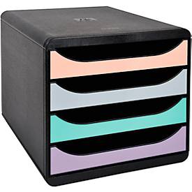 Schubladenbox Exacompta BIG BOX Aquarel, für Format A4+, 4 mehrfarbige & halboffene Schubladen mit Auszugstopp & Griffmulde, Polystyrol, schwarz