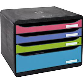 Schubladenbox Exacompta BIG BOX PLUS, quer, A4+, 4 mehrfarbige & halboffene Schubladen mit Auszugstopp, Griffmulde & Eti
