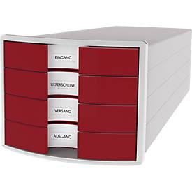 Schubladenbox HAN Impuls 2.0, 4 Schubladen, Format A4, stapelbar, geschlossen,grau/rot