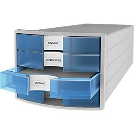 Schubladenbox HAN Impuls 2.0, 4 Schubladen, Format A4, stapelbar, geschlossen, grau/transparent-blau