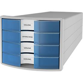 Schubladenbox HAN Impuls 2.0, 4 Schubladen, Format A4, stapelbar, geschlossen, grau/transparent-blau