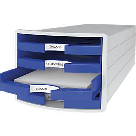 Schubladenbox HAN Impuls 2.0, 4 Schubladen, Format A4, stapelbar, offen, grau/blau