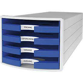 Schubladenbox HAN Impuls 2.0, 4 Schubladen, Format A4, stapelbar, offen, grau/blau