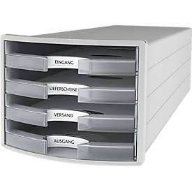 Schubladenbox HAN Impuls 2.0, 4 Schubladen, Format A4, stapelbar, offen, grau/transparent-klar