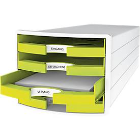 Schubladenbox HAN Impuls 2.0, 4 Schubladen, Format A4, stapelbar, offen, weiß/lemon