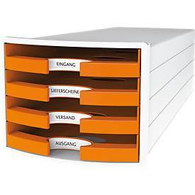 Schubladenbox HAN Impuls 2.0, 4 Schubladen, Format A4, stapelbar, offen, weiß/orange