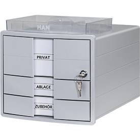 Schubladenbox HAN Impuls 2.0, Format A4, 3 geschlossene Schübe, stapelbar, abschließbar, lichtgrau