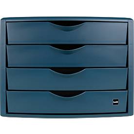 Schubladenbox Helit The Green Chameleon, 4 Schübe mit Auszugssperre, Format A4, stapelbar, blau