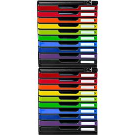 Schubladenbox MODULO, Format A4+, 10 abschließbare Schübe, geschlossen, Griffmulde & Etikettenhalter, 2 Schlüssel, Blauer Engel, Kunststoff, harlekin