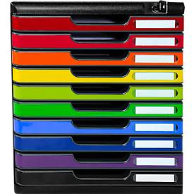 Schubladenbox MODULO, Format A4+, 10 abschließbare Schübe, geschlossen, Griffmulde & Etikettenhalter, 2 Schlüssel, Blauer Engel, Kunststoff, harlekin