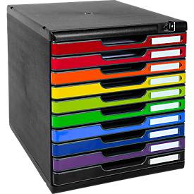 Schubladenbox MODULO, Format A4+, 10 abschließbare Schübe, geschlossen, Griffmulde & Etikettenhalter, 2 Schlüssel, Blaue