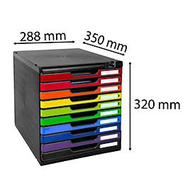 Schubladenbox MODULO, Format A4+, 10 abschließbare Schübe, geschlossen, Griffmulde & Etikettenhalter, 2 Schlüssel, Blauer Engel, Kunststoff, harlekin